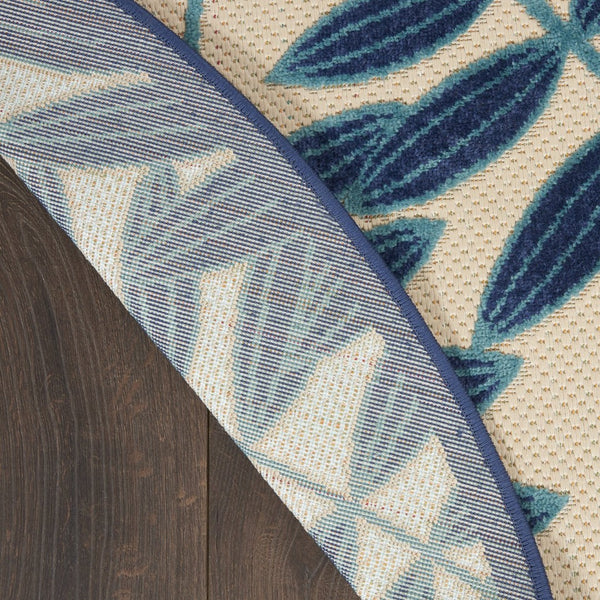 HomeRoots 5' Navy Blue and Beige Round Palm Leaf Rug - Durable Indoor Outdoor Area Rug for Coastal Charm 8' Round 546666