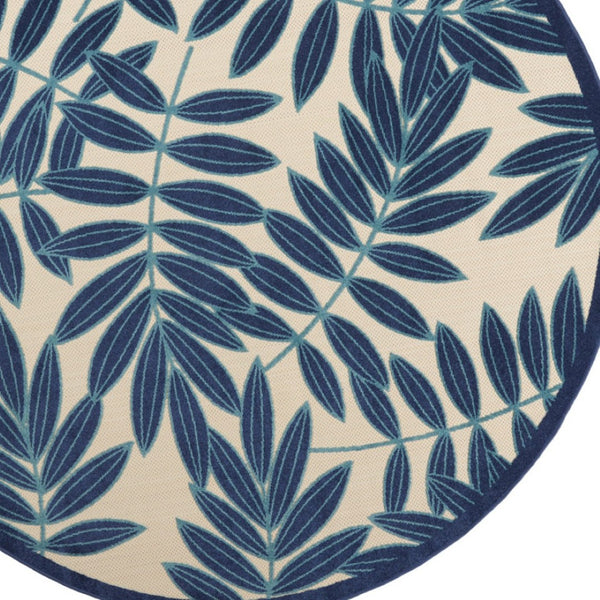HomeRoots 5' Navy Blue and Beige Round Palm Leaf Rug - Durable Indoor Outdoor Area Rug for Coastal Charm 8' Round 546666