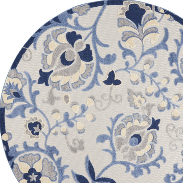 HomeRoots 8' Stylish Blue and Gray Round Floral Indoor-Outdoor Area Rug – Durable, Easy-Clean, Versatile Design 546667