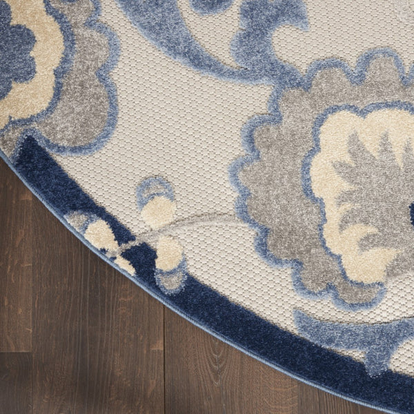 HomeRoots 8' Stylish Blue and Gray Round Floral Indoor-Outdoor Area Rug – Durable, Easy-Clean, Versatile Design 546667