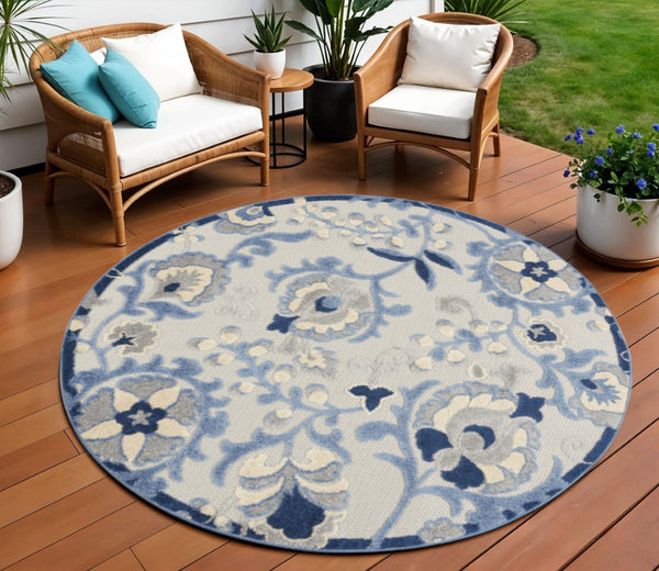 HomeRoots 8' Stylish Blue and Gray Round Floral Indoor-Outdoor Area Rug – Durable, Easy-Clean, Versatile Design 546667