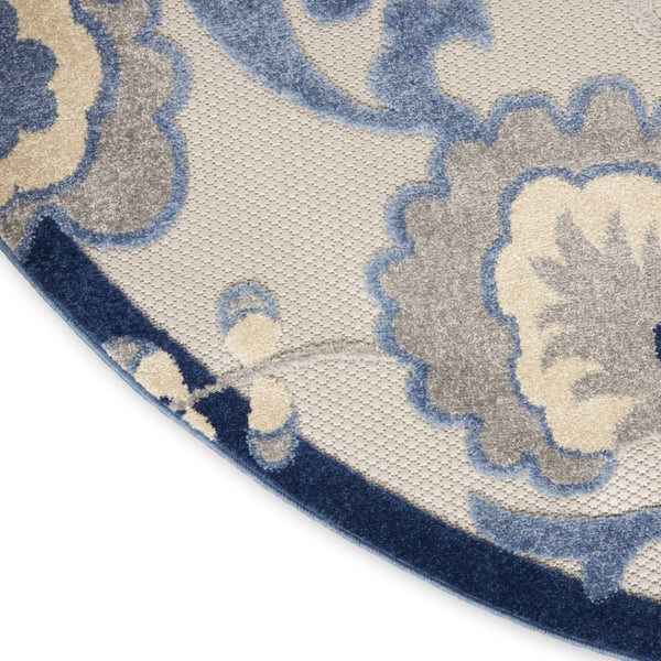 HomeRoots 8' Stylish Blue and Gray Round Floral Indoor-Outdoor Area Rug – Durable, Easy-Clean, Versatile Design 546667