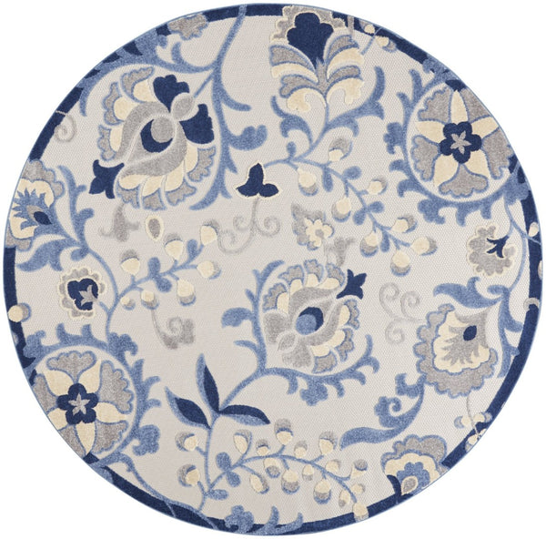HomeRoots 8' Stylish Blue and Gray Round Floral Indoor-Outdoor Area Rug – Durable, Easy-Clean, Versatile Design 546667