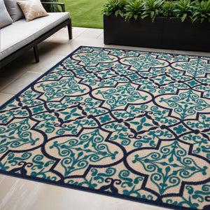 HomeRoots 5' Navy Blue and Ivory Trellis Area Rug - Timeless Indoor/Outdoor Style for High-Traffic Spaces 5' X 8' 546669