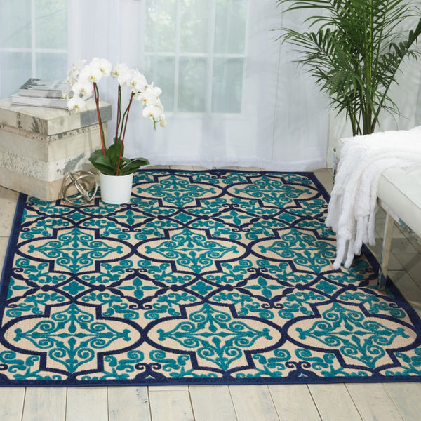 HomeRoots 5' Navy Blue and Ivory Trellis Area Rug - Timeless Indoor/Outdoor Style for High-Traffic Spaces 5' X 8' 546669