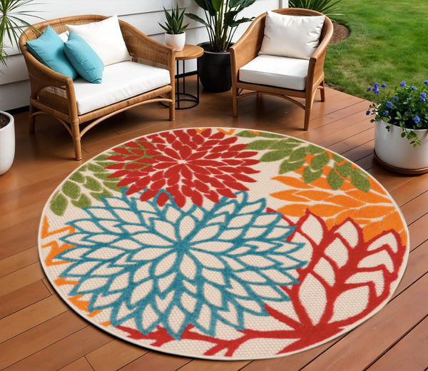 HomeRoots 5' Vibrant Floral Indoor Outdoor Area Rug - Durable, Stain-Resistant, Perfect for Any Space! 8' Round 546671