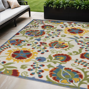 HomeRoots 5' X 8' Durable Floral Area Rug in Ivory, Green, Red & Yellow - Indoor/Outdoor Elegance & Style 546673