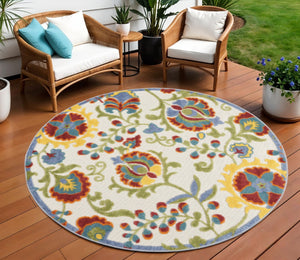 HomeRoots 8' Ivory, Green, Red & Yellow Round Floral Area Rug - Durable, Stylish, Indoor/Outdoor Essential! 546674