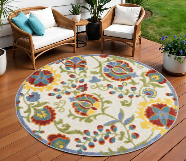 HomeRoots 8' Ivory, Green, Red & Yellow Round Floral Area Rug - Durable, Stylish, Indoor/Outdoor Essential! 546674