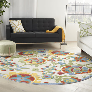 HomeRoots 8' Ivory, Green, Red & Yellow Round Floral Area Rug - Durable, Stylish, Indoor/Outdoor Essential! 546674