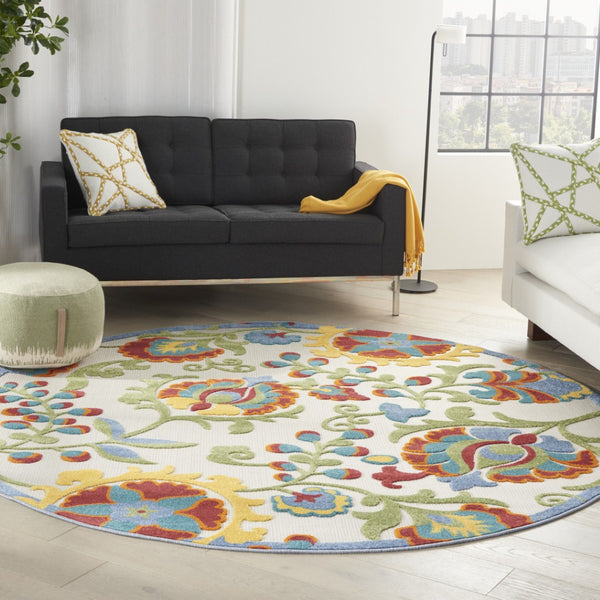 HomeRoots 8' Ivory, Green, Red & Yellow Round Floral Area Rug - Durable, Stylish, Indoor/Outdoor Essential! 546674