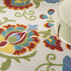 HomeRoots 8' Ivory, Green, Red & Yellow Round Floral Area Rug - Durable, Stylish, Indoor/Outdoor Essential! 546674