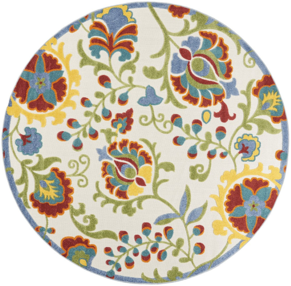 HomeRoots 8' Ivory, Green, Red & Yellow Round Floral Area Rug - Durable, Stylish, Indoor/Outdoor Essential! 546674