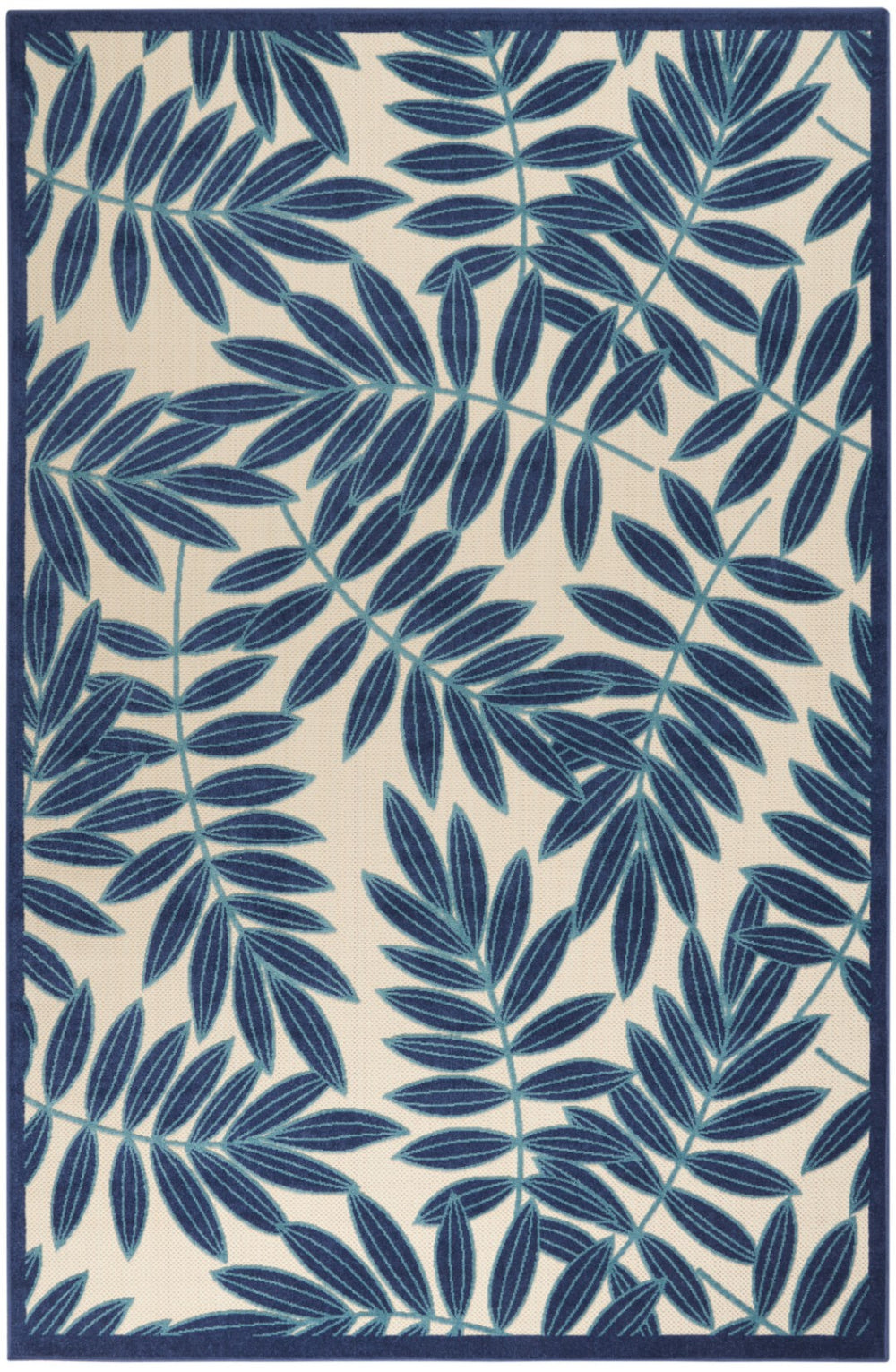 HomeRoots 5' Navy Blue and Beige Round Palm Leaf Rug - Durable Indoor Outdoor Area Rug for Coastal Charm 6' X 9' 546679