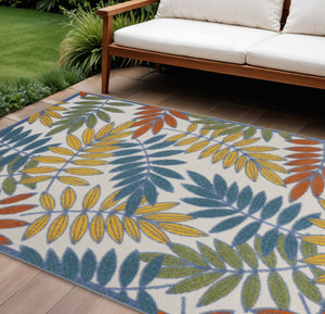 HomeRoots 6' Indoor Outdoor Area Rug - Vibrant Ivory Botanical Leaves in Blue, Orange, Green for Any Space 546683