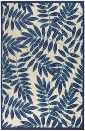 HomeRoots 5' Navy Blue and Beige Round Palm Leaf Rug - Durable Indoor Outdoor Area Rug for Coastal Charm 7' X 10' 546687