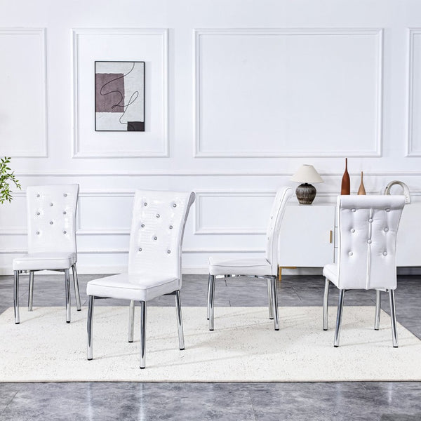 English Elm Set of 4 Glam Faux Leather Dining Chairs with Crystal Buckle and Gold Tone Legs White W3226P311054
