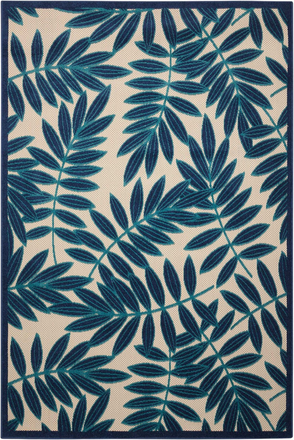 HomeRoots 8' Navy Blue and Ivory Palm Leaf Area Rug - Versatile Indoor/Outdoor Design for Modern Spaces 546694
