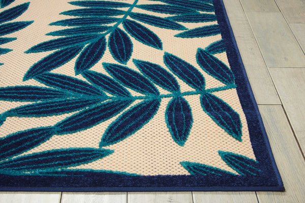HomeRoots 8' Navy Blue and Ivory Palm Leaf Area Rug - Versatile Indoor/Outdoor Design for Modern Spaces 546694