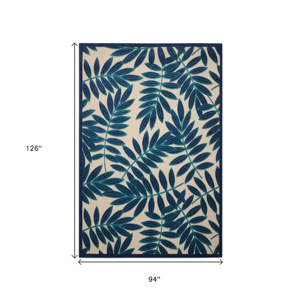 HomeRoots 8' Navy Blue and Ivory Palm Leaf Area Rug - Versatile Indoor/Outdoor Design for Modern Spaces 546694
