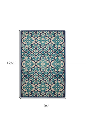 HomeRoots 5' Navy Blue and Ivory Trellis Area Rug - Timeless Indoor/Outdoor Style for High-Traffic Spaces 8' X 11' 546697