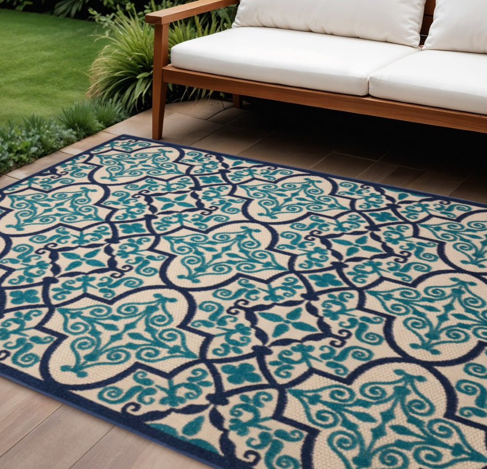 HomeRoots 5' Navy Blue and Ivory Trellis Area Rug - Timeless Indoor/Outdoor Style for High-Traffic Spaces 8' X 11' 546697