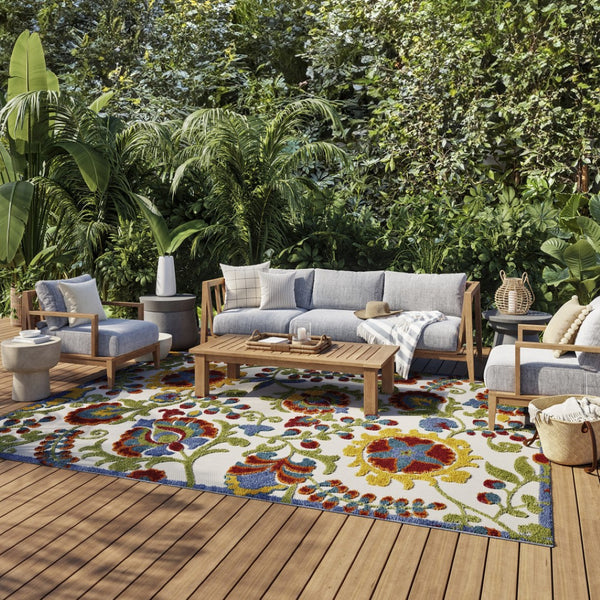 HomeRoots 8' X 11' Floral Area Rug - Vibrant Green, Red, Ivory & Yellow for Indoor/Outdoor Durability & Style 546699