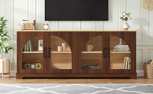 English Elm Farmhouse Media Console with Arched Glass Doors Wood Grain Two Tone Living Room Storage Walnut N721P411204P
