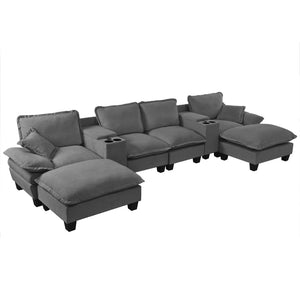 English Elm Modular U-shaped Chenille Sectional Sofa with Storage Consoles Usb Charging and Ottomans Grey W3163S00126