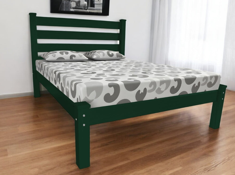 HomeRoots Dark Green Solid Pine Full Bed Frame - Stylish, Durable Design with Integrated Headboard & Storage Space 546751