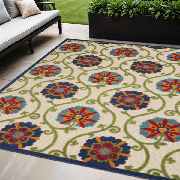 HomeRoots 5' X 8' Navy Floral Area Rug - Durable Indoor/Outdoor Design, Stain-Resistant, Easy Care for High Traffic Spaces 546777
