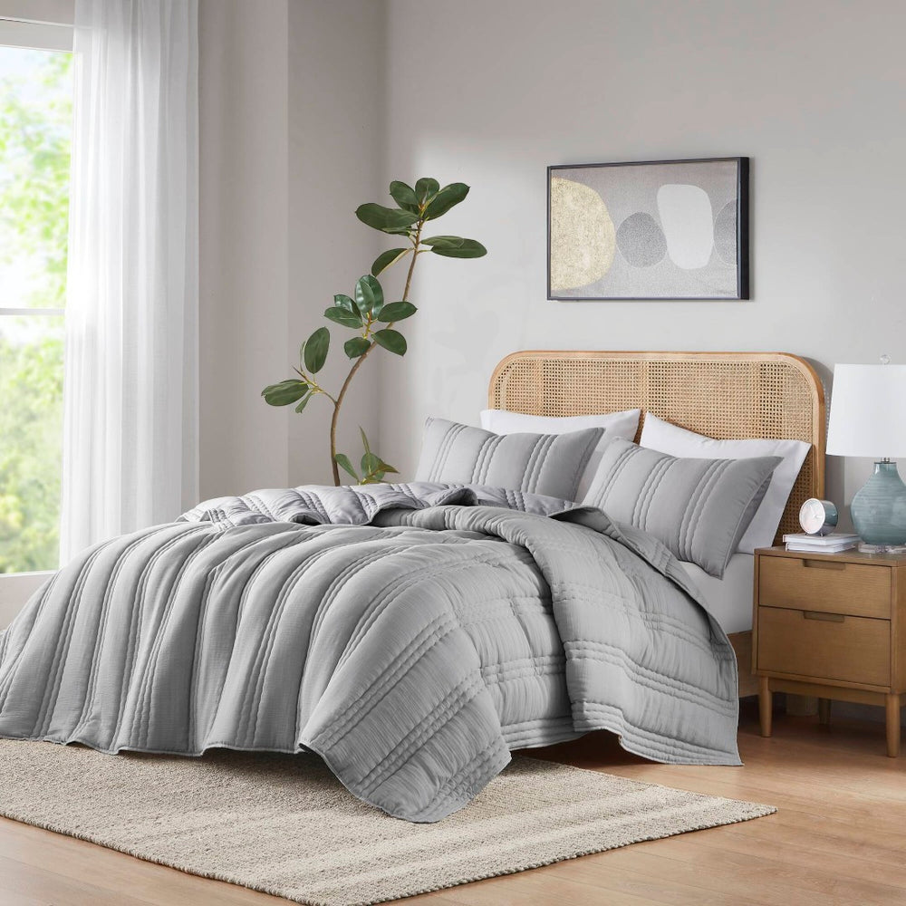 English Elm 3 Piece Polyester Quilt Set Channel Quilted Hypoallergenic Bedding for Modern Neutral Rooms B035P319903