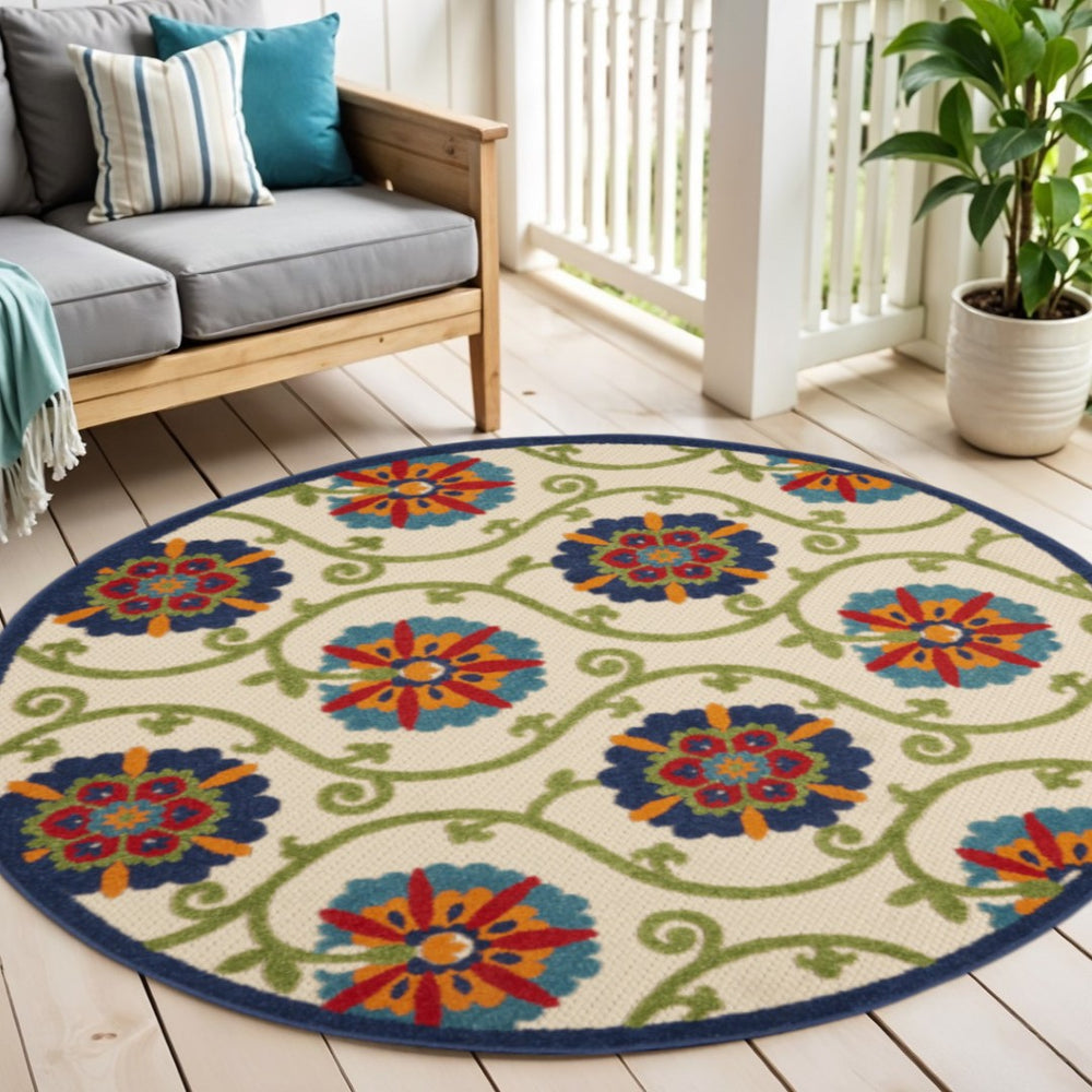 HomeRoots 5' Round Floral Area Rug in Navy, Beige, Green, Blue & Red - Durable Indoor/Outdoor Style & Comfort 546783