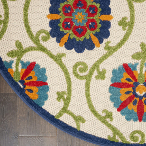 HomeRoots 5' Round Floral Area Rug in Navy, Beige, Green, Blue & Red - Durable Indoor/Outdoor Style & Comfort 546783