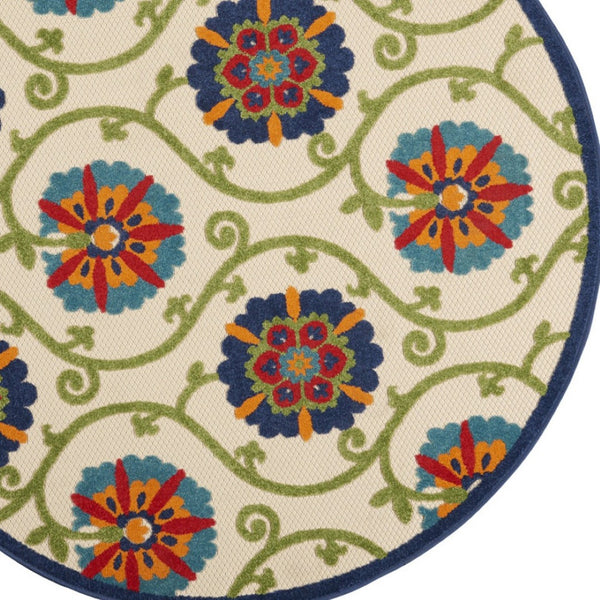 HomeRoots 5' Round Floral Area Rug in Navy, Beige, Green, Blue & Red - Durable Indoor/Outdoor Style & Comfort 546783