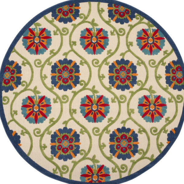 HomeRoots 8' Round Floral Area Rug in Navy, Beige, Green, Blue & Red - Durable for Indoor & Outdoor Use! 546784
