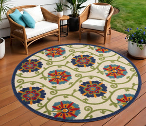 HomeRoots 8' Round Floral Area Rug in Navy, Beige, Green, Blue & Red - Durable for Indoor & Outdoor Use! 546784