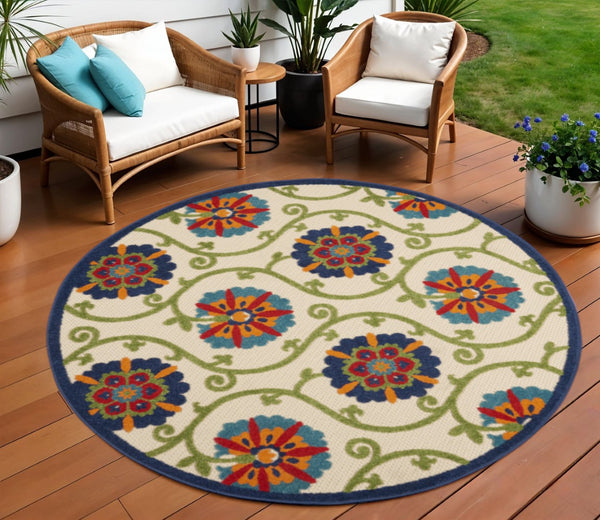HomeRoots 8' Round Floral Area Rug in Navy, Beige, Green, Blue & Red - Durable for Indoor & Outdoor Use! 546784