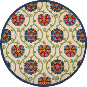 HomeRoots 8' Round Floral Area Rug in Navy, Beige, Green, Blue & Red - Durable for Indoor & Outdoor Use! 546784