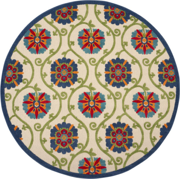 HomeRoots 8' Round Floral Area Rug in Navy, Beige, Green, Blue & Red - Durable for Indoor & Outdoor Use! 546784