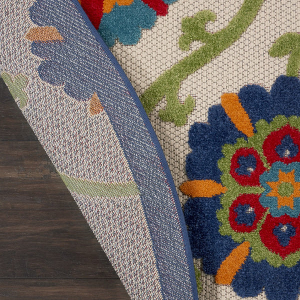 HomeRoots 8' Round Floral Area Rug in Navy, Beige, Green, Blue & Red - Durable for Indoor & Outdoor Use! 546784
