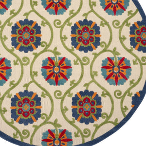 HomeRoots 8' Round Floral Area Rug in Navy, Beige, Green, Blue & Red - Durable for Indoor & Outdoor Use! 546784
