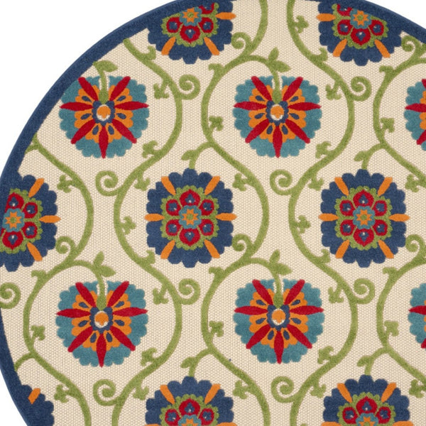 HomeRoots 8' Round Floral Area Rug in Navy, Beige, Green, Blue & Red - Durable for Indoor & Outdoor Use! 546784