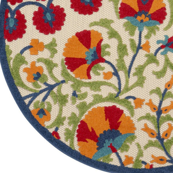 HomeRoots 5' Round Floral Area Rug in Navy, Beige, Green, Blue & Red – Indoor/Outdoor, Durable & Easy Care 546785