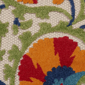 HomeRoots 5' Round Floral Area Rug in Navy, Beige, Green, Blue & Red – Indoor/Outdoor, Durable & Easy Care 546785