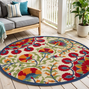 HomeRoots 5' Round Floral Area Rug in Navy, Beige, Green, Blue & Red – Indoor/Outdoor, Durable & Easy Care 546785