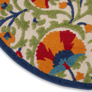 HomeRoots 5' Round Floral Area Rug in Navy, Beige, Green, Blue & Red – Indoor/Outdoor, Durable & Easy Care 546785