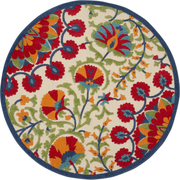 HomeRoots 5' Round Floral Area Rug in Navy, Beige, Green, Blue & Red – Indoor/Outdoor, Durable & Easy Care 546785