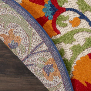 HomeRoots 5' Round Floral Area Rug in Navy, Beige, Green, Blue & Red – Indoor/Outdoor, Durable & Easy Care 546785