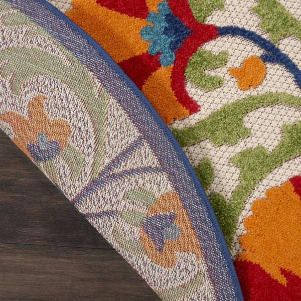 HomeRoots 5' Round Floral Area Rug in Navy, Beige, Green, Blue & Red – Indoor/Outdoor, Durable & Easy Care 546785